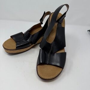 Clarks Collection Women's Black Leather Wedge Cork Heel Slingback Sandals sz 12